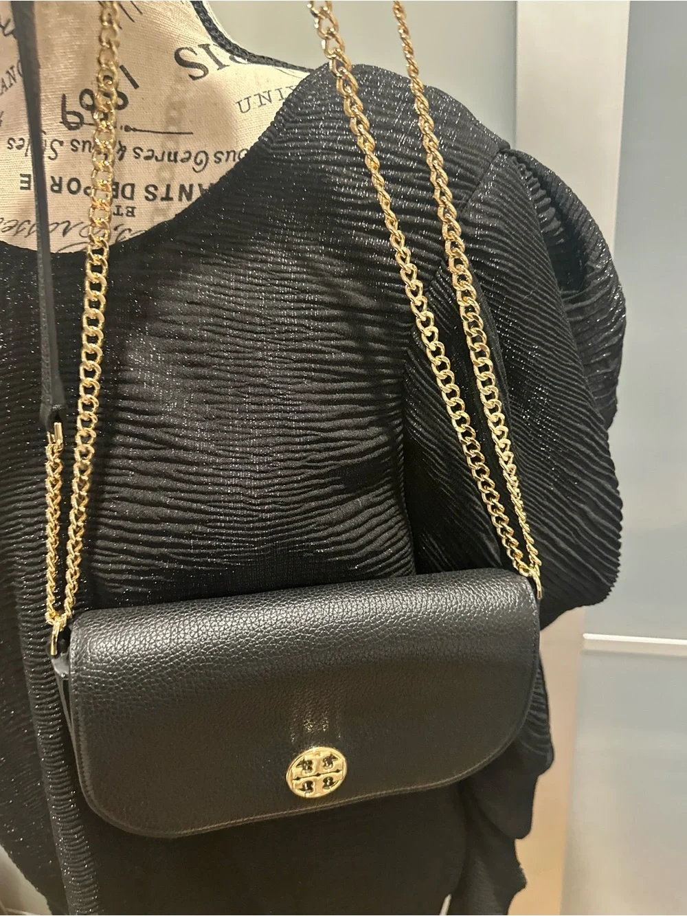 Tory Burch Black Pebbled Leather Crossbody with Gold Chain